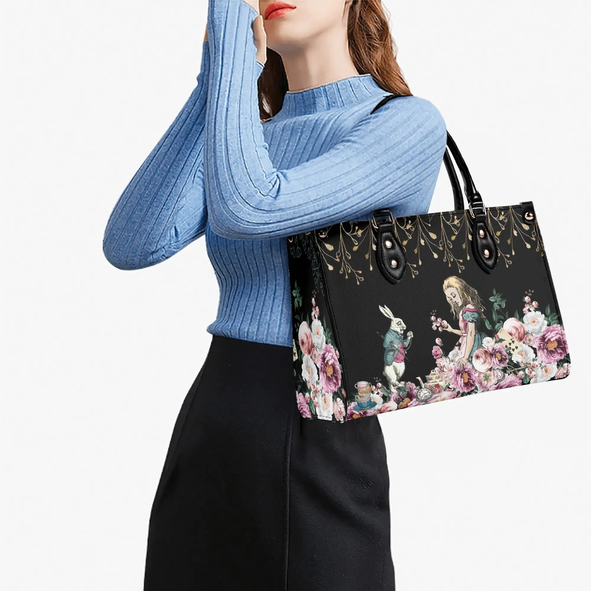 Alice in Wonderland Pink Roses Purse, Luxury Womens Vegan Leather Handbag