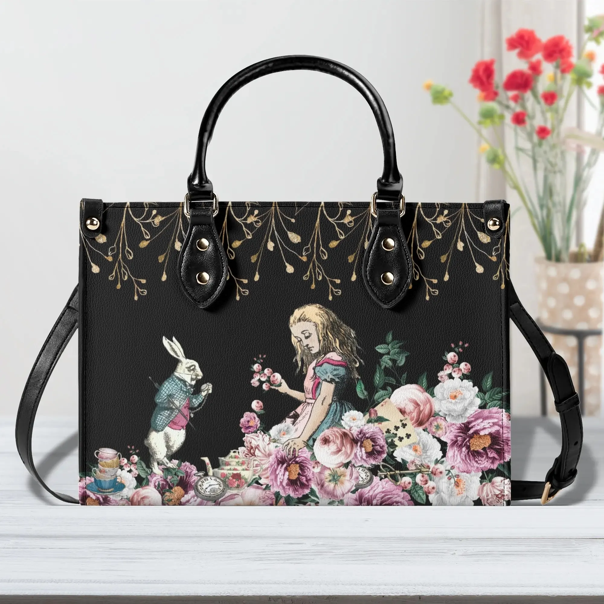 Alice in Wonderland Pink Roses Purse, Luxury Womens Vegan Leather Handbag