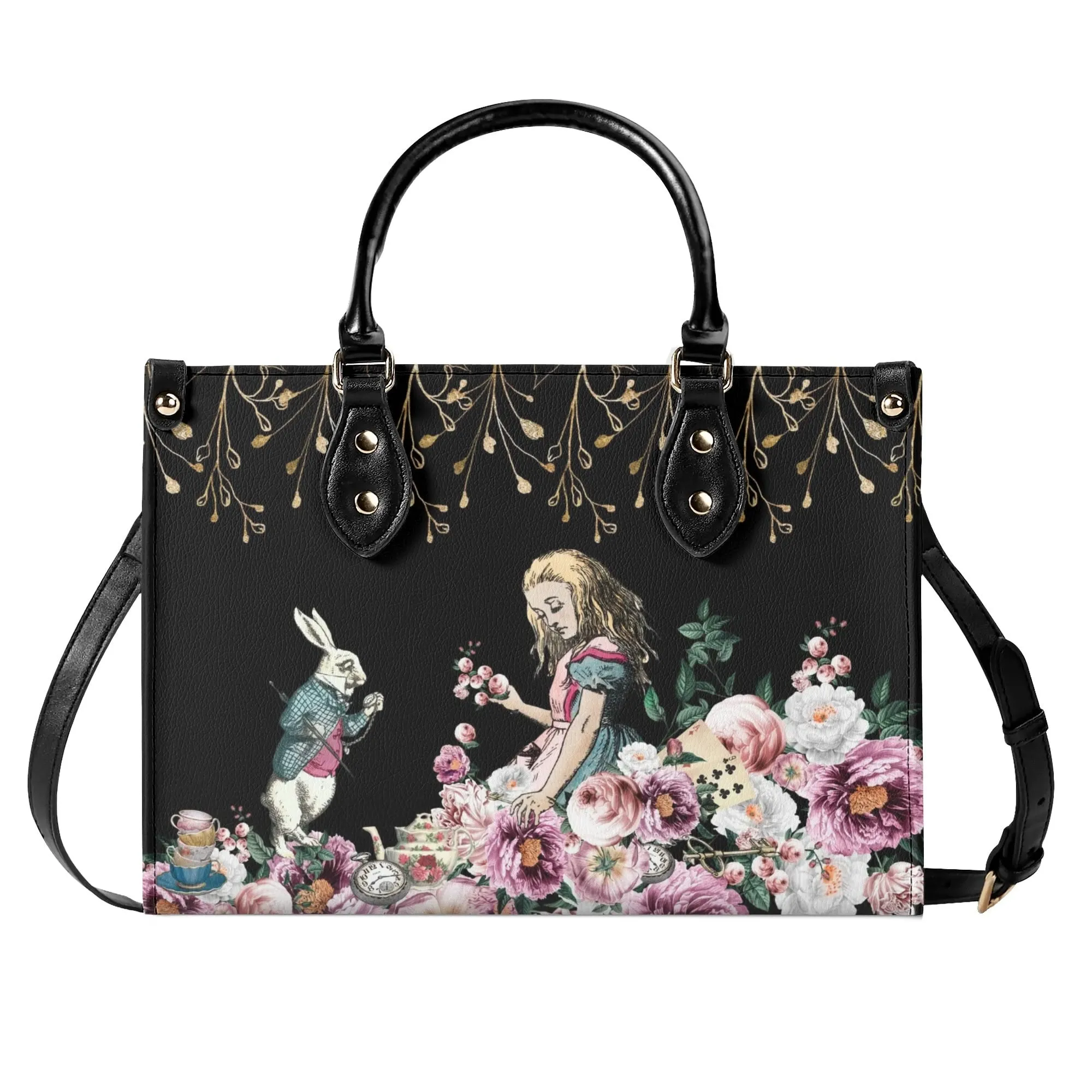 Alice in Wonderland Pink Roses Purse, Luxury Womens Vegan Leather Handbag