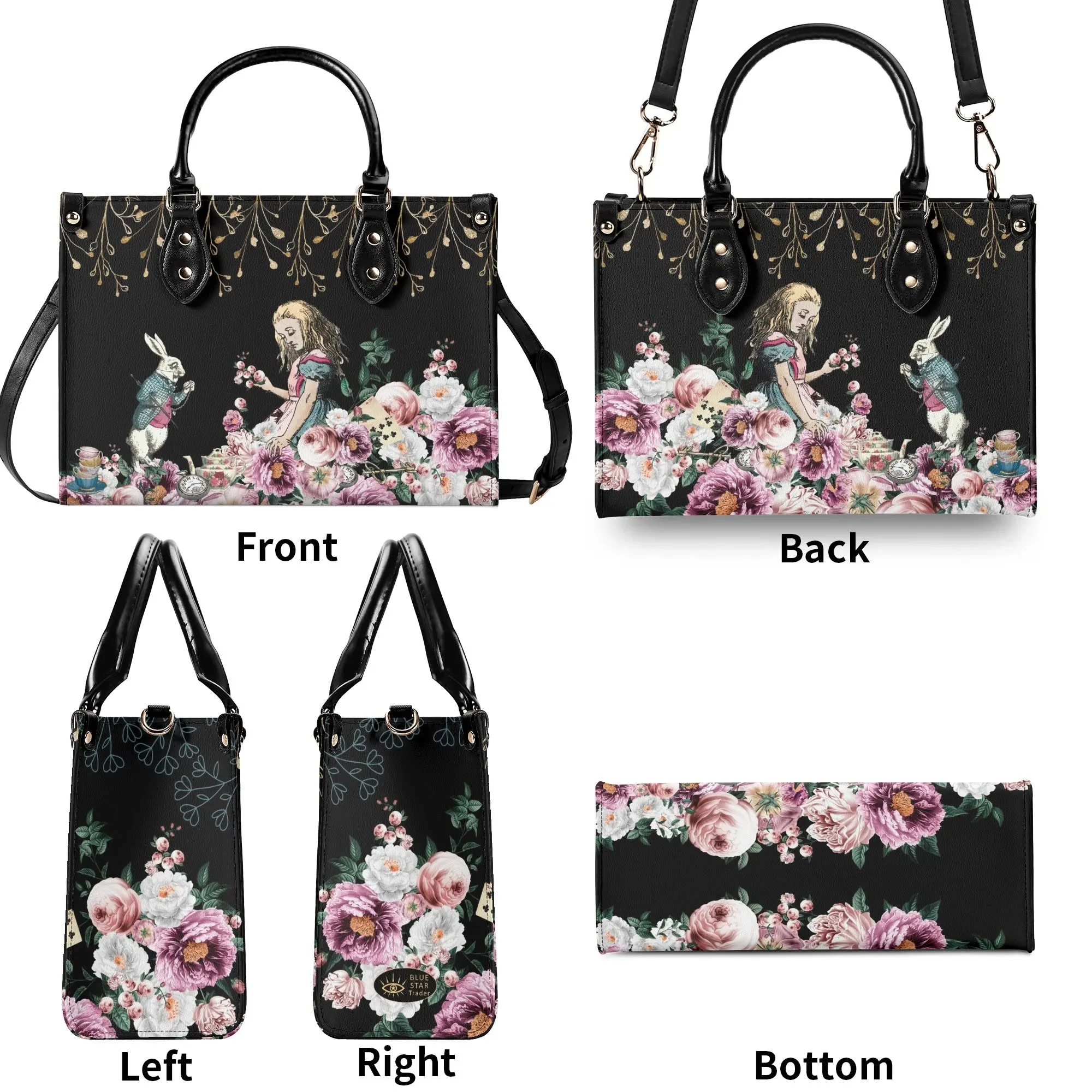 Alice in Wonderland Pink Roses Purse, Luxury Womens Vegan Leather Handbag