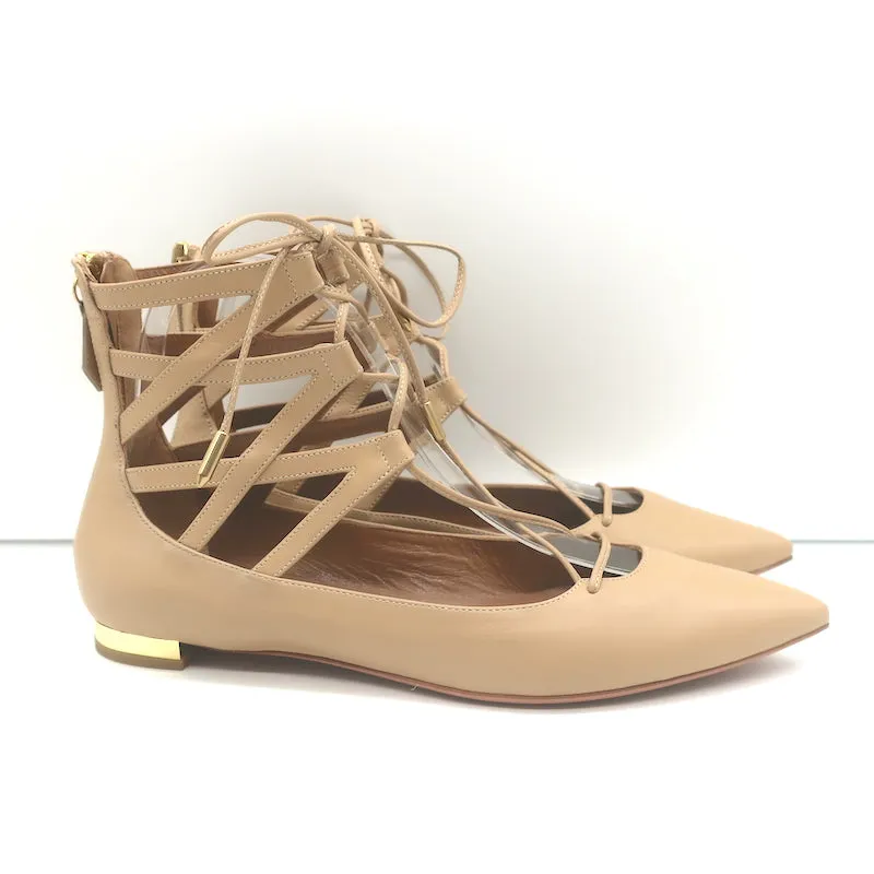 Aquazzura Belgravia Lace-Up Pointed Toe Flats Nude Cutout Leather Size 36 NEW