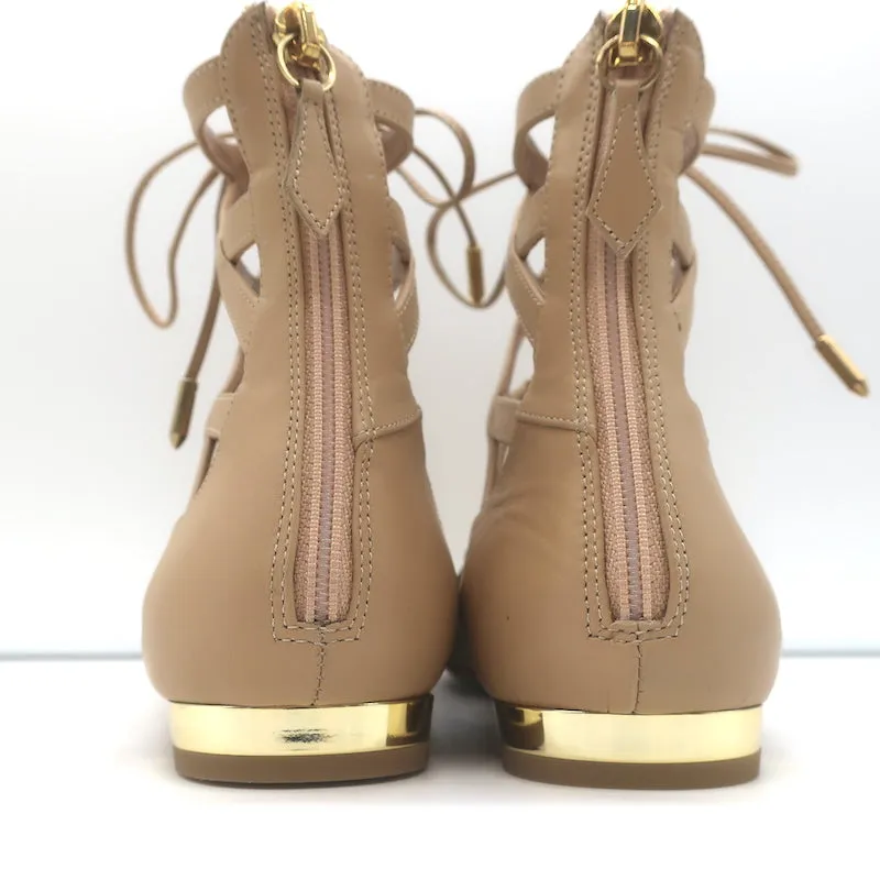 Aquazzura Belgravia Lace-Up Pointed Toe Flats Nude Cutout Leather Size 36 NEW