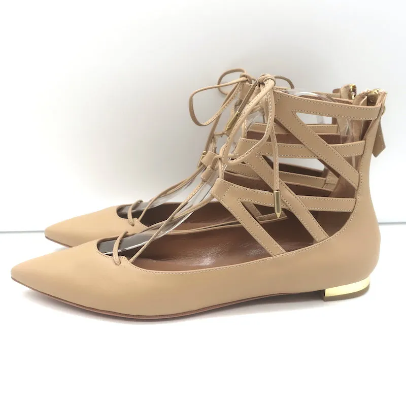 Aquazzura Belgravia Lace-Up Pointed Toe Flats Nude Cutout Leather Size 36 NEW