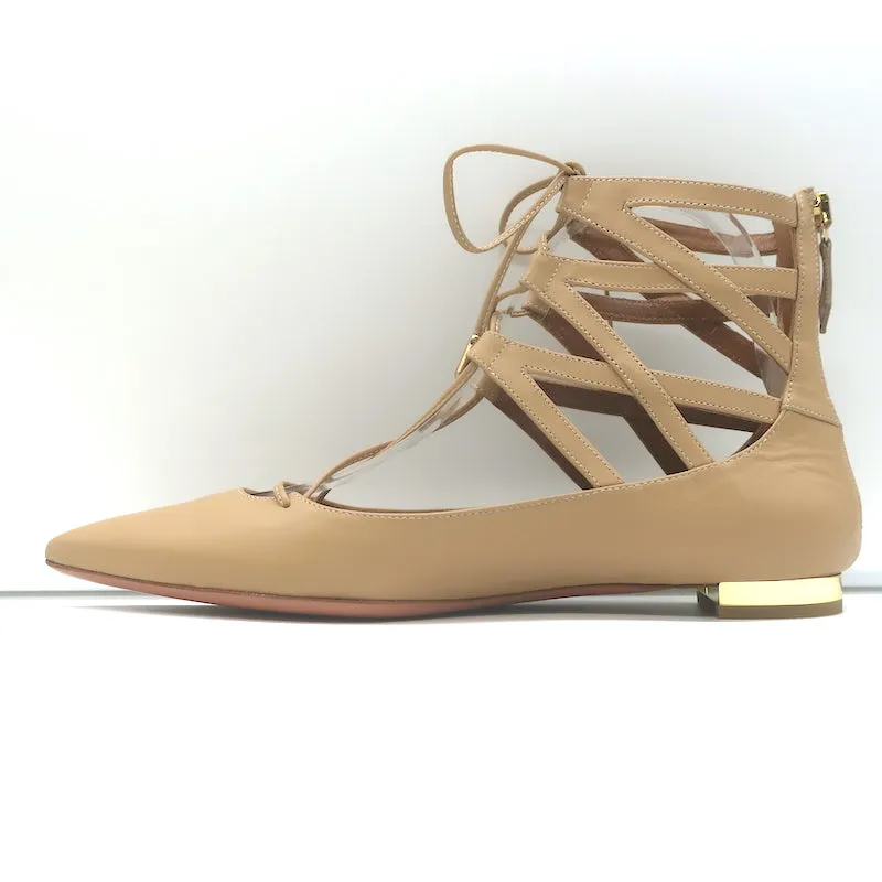 Aquazzura Belgravia Lace-Up Pointed Toe Flats Nude Cutout Leather Size 36 NEW