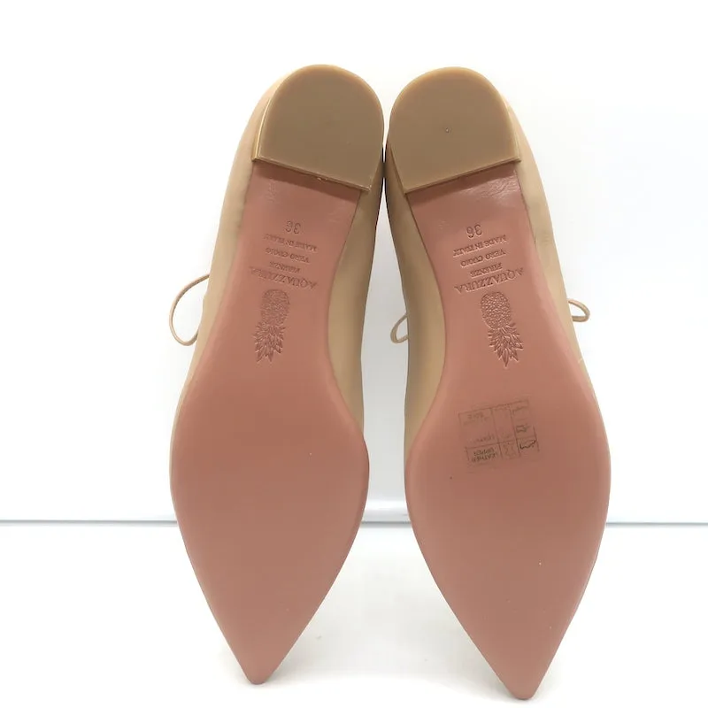 Aquazzura Belgravia Lace-Up Pointed Toe Flats Nude Cutout Leather Size 36 NEW