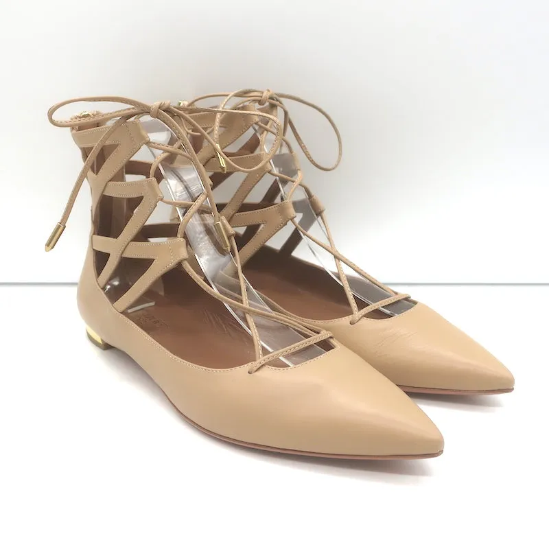 Aquazzura Belgravia Lace-Up Pointed Toe Flats Nude Cutout Leather Size 36 NEW