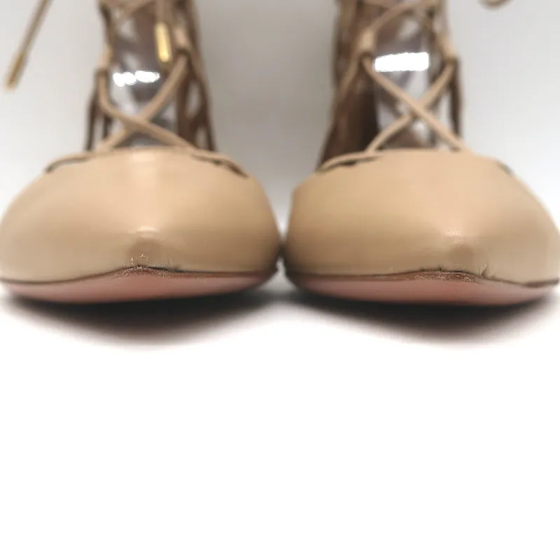 Aquazzura Belgravia Lace-Up Pointed Toe Flats Nude Cutout Leather Size 36 NEW