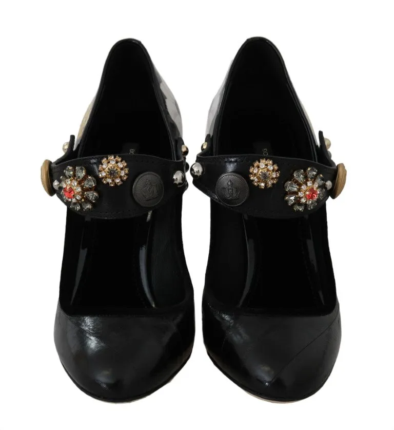 Black Leather Crystal Studs Mary Jane Shoes