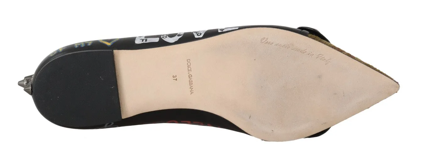 Black Leather Queen Ballet Flats Shoes