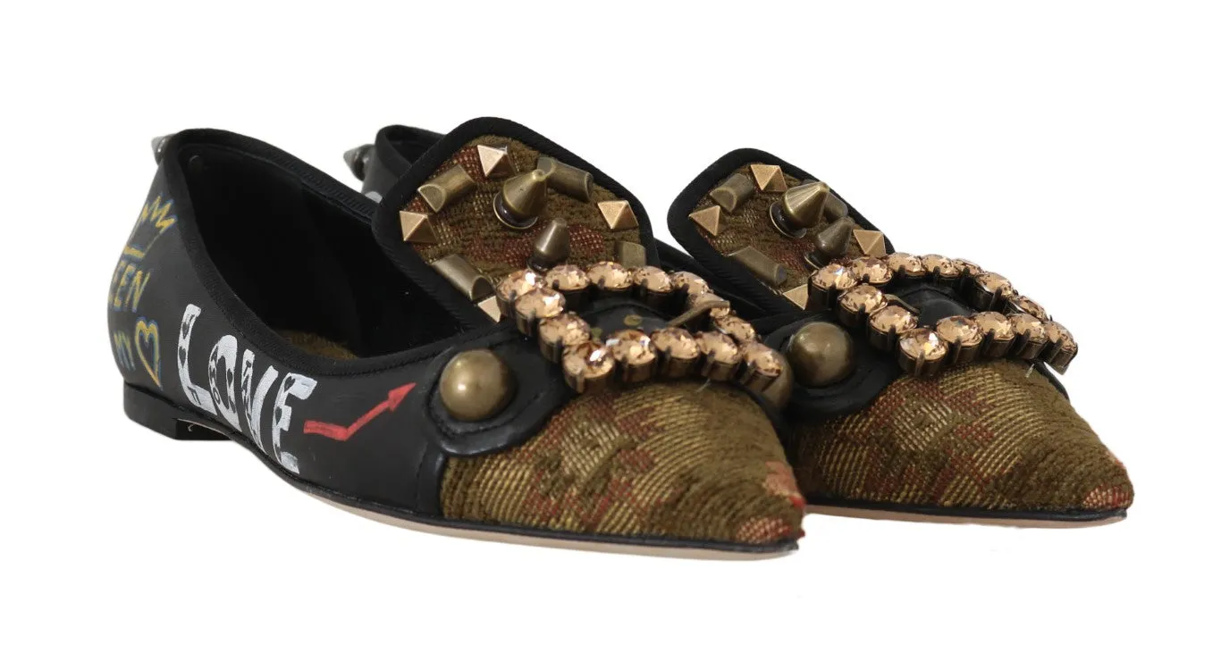Black Leather Queen Ballet Flats Shoes