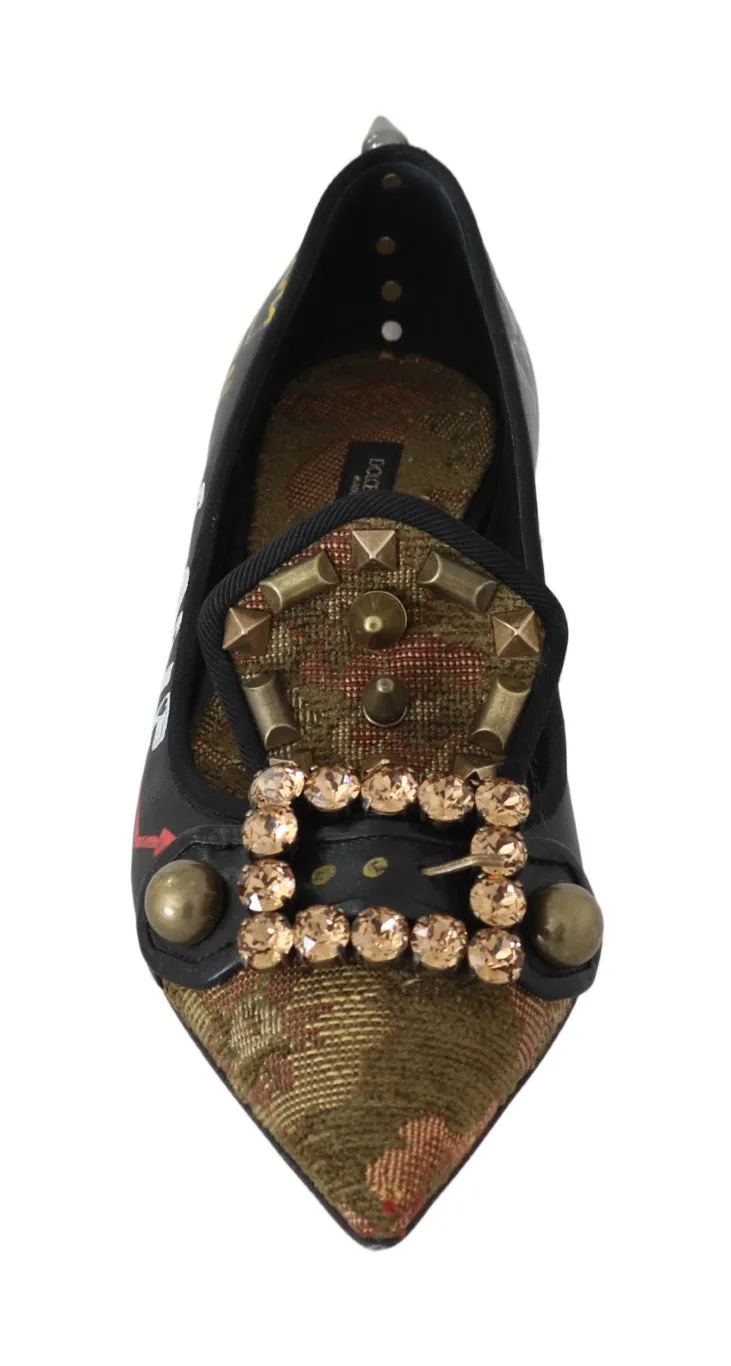 Black Leather Queen Ballet Flats Shoes