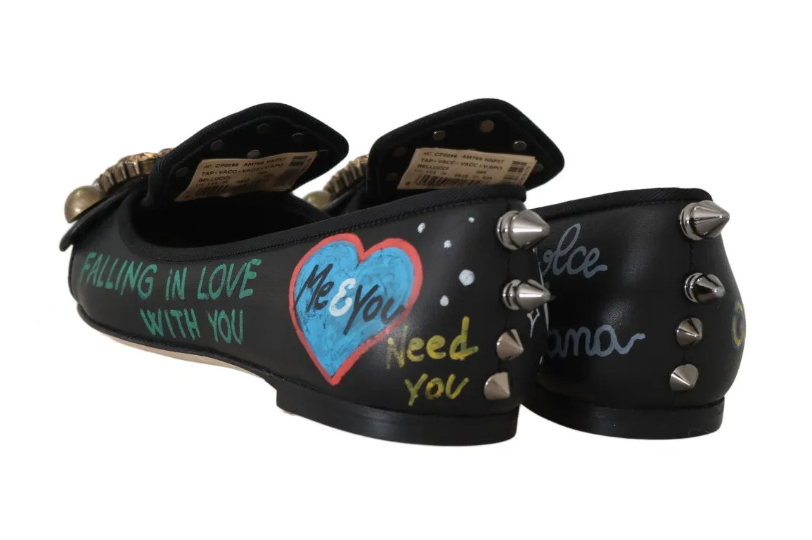 Black Leather Queen Ballet Flats Shoes