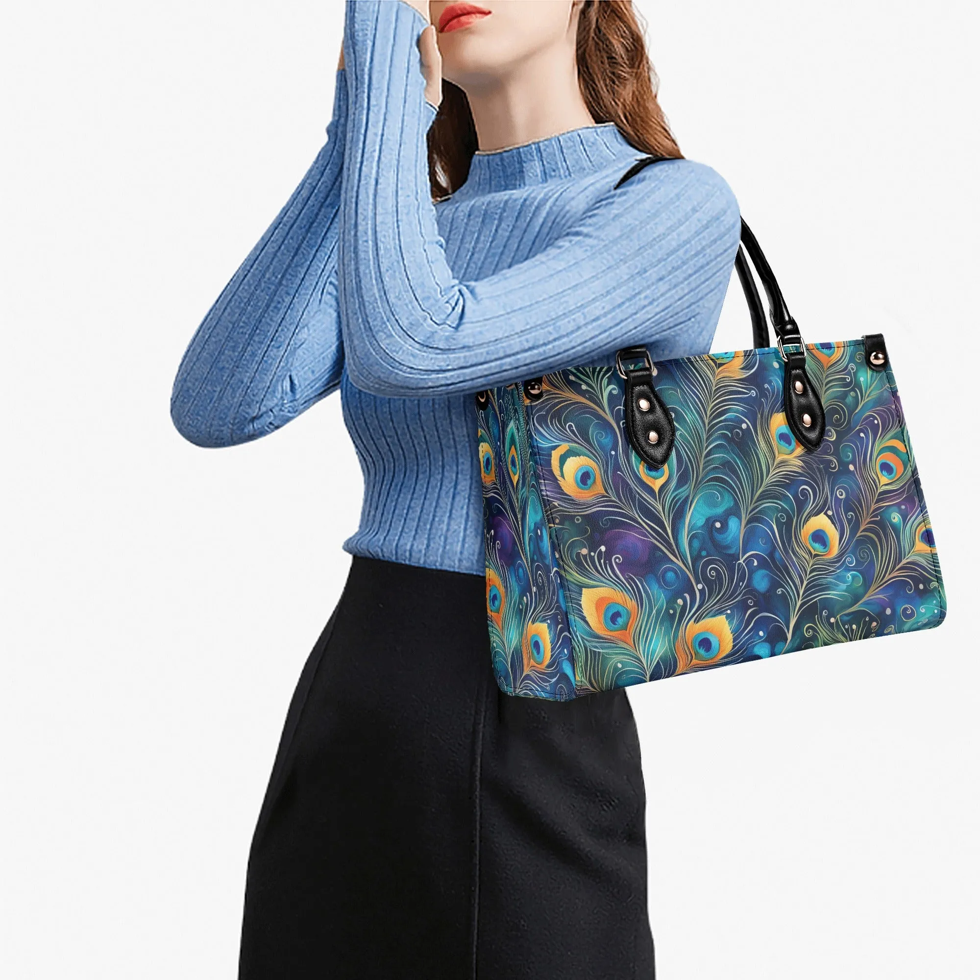 Blue Peacock Feathers Luxury Womens Vegan Leather Handbag