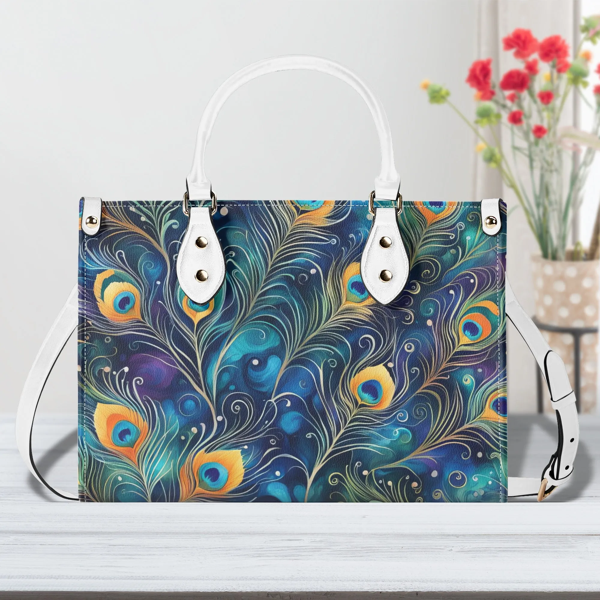 Blue Peacock Feathers Luxury Womens Vegan Leather Handbag