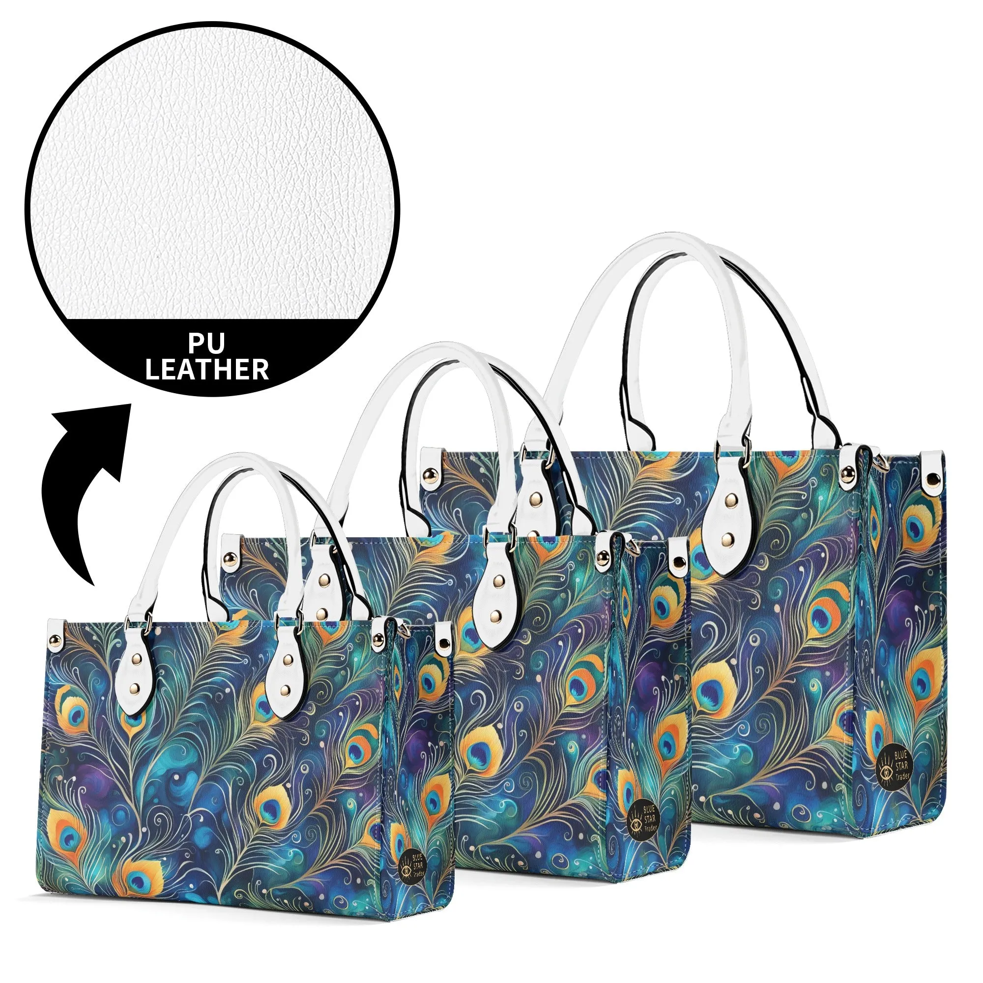 Blue Peacock Feathers Luxury Womens Vegan Leather Handbag