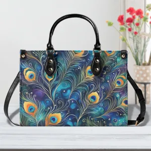 Blue Peacock Feathers Luxury Womens Vegan Leather Handbag