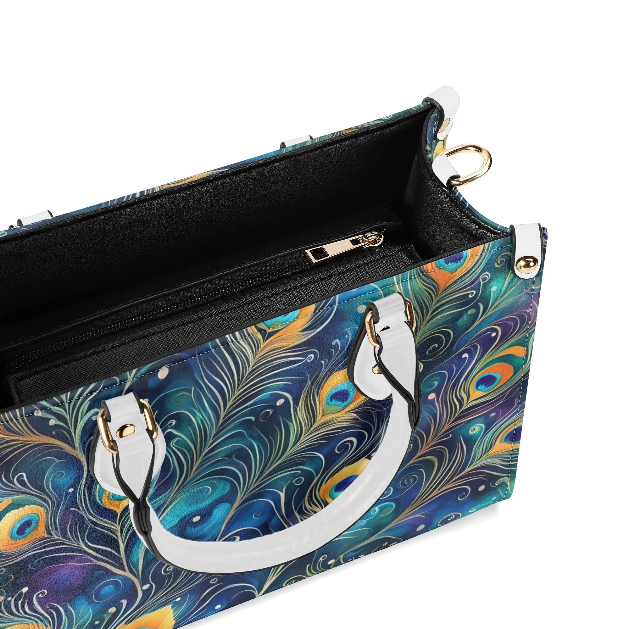 Blue Peacock Feathers Luxury Womens Vegan Leather Handbag