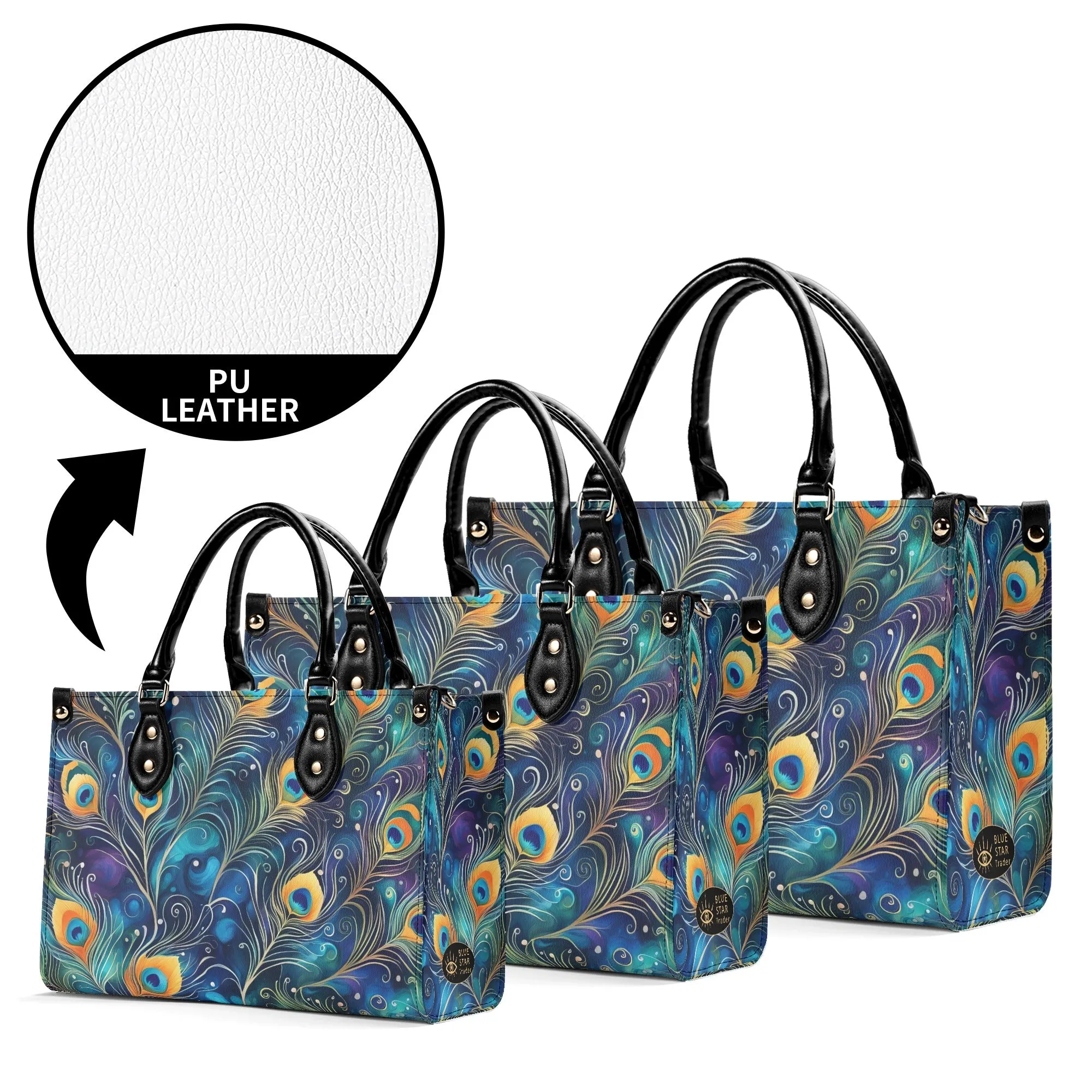 Blue Peacock Feathers Luxury Womens Vegan Leather Handbag