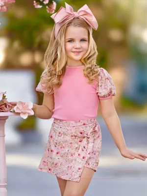 Blush Blossom Puff Sleeve Top and Eyelet Floral Skort Set