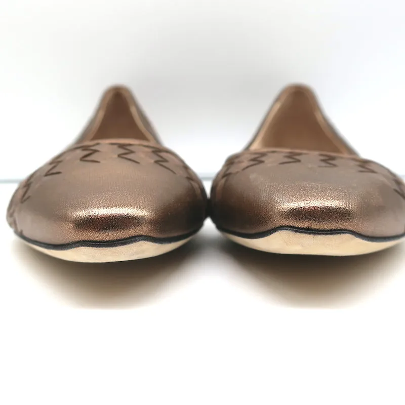 Bottega Veneta Intrecciato Pointed Toe Flats Copper Metallic Leather Size 40