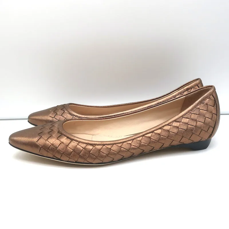 Bottega Veneta Intrecciato Pointed Toe Flats Copper Metallic Leather Size 40