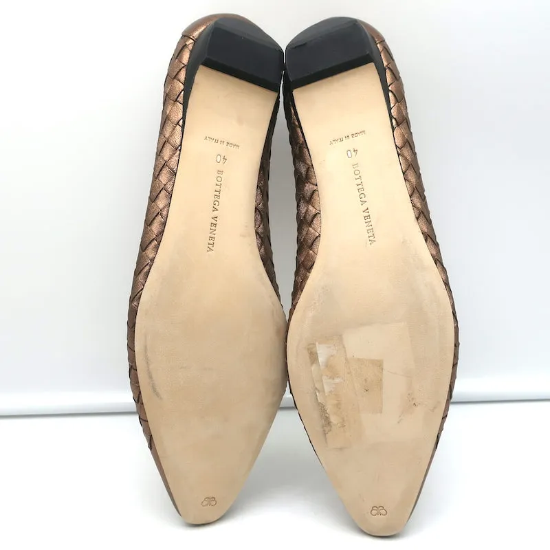 Bottega Veneta Intrecciato Pointed Toe Flats Copper Metallic Leather Size 40