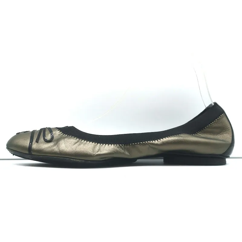 Chanel CC Bow Scrunch Ballet Flats Bronze Metallic Leather Size 39