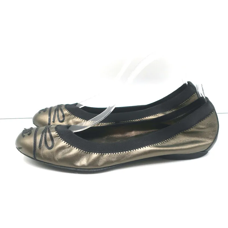 Chanel CC Bow Scrunch Ballet Flats Bronze Metallic Leather Size 39