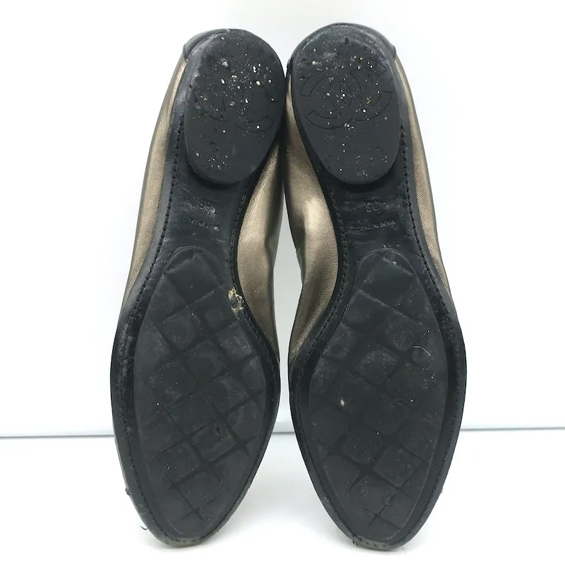 Chanel CC Bow Scrunch Ballet Flats Bronze Metallic Leather Size 39