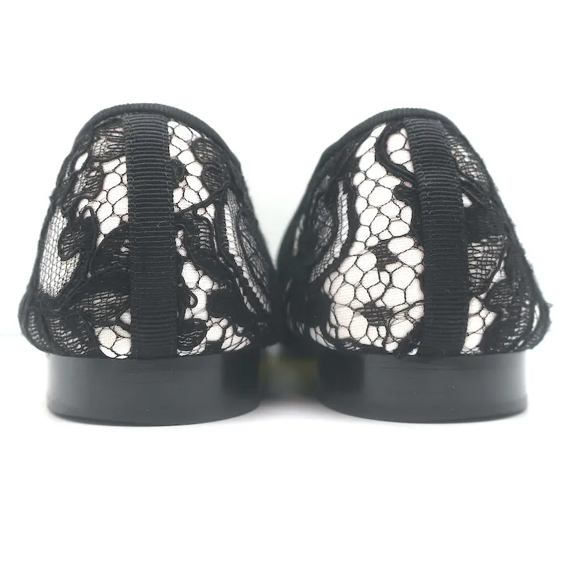 Chanel CC Cap Toe Bow Ballet Flats Black/White Lace & Grosgrain Size 42