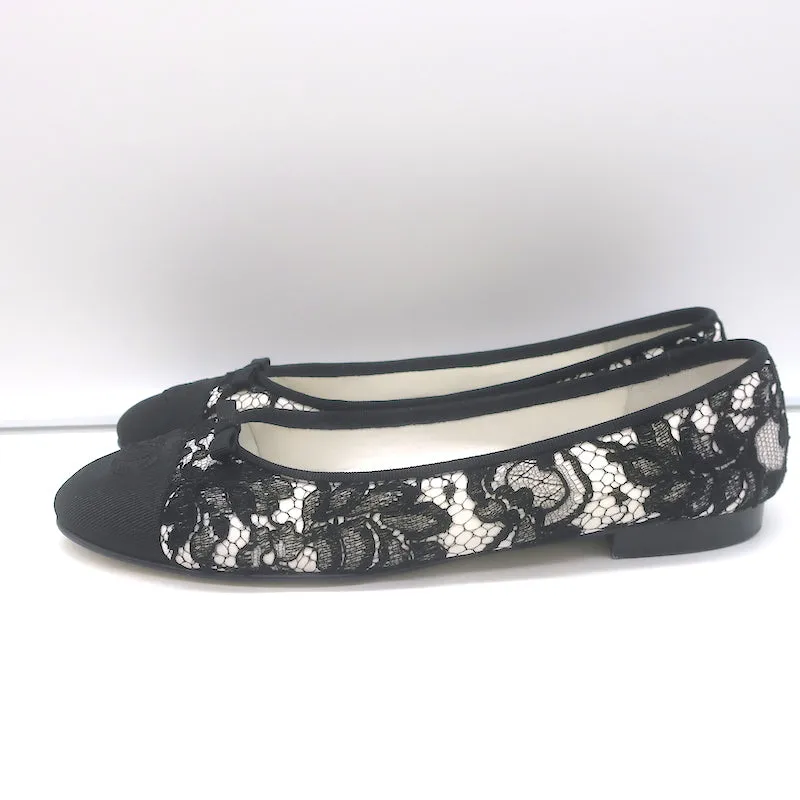 Chanel CC Cap Toe Bow Ballet Flats Black/White Lace & Grosgrain Size 42