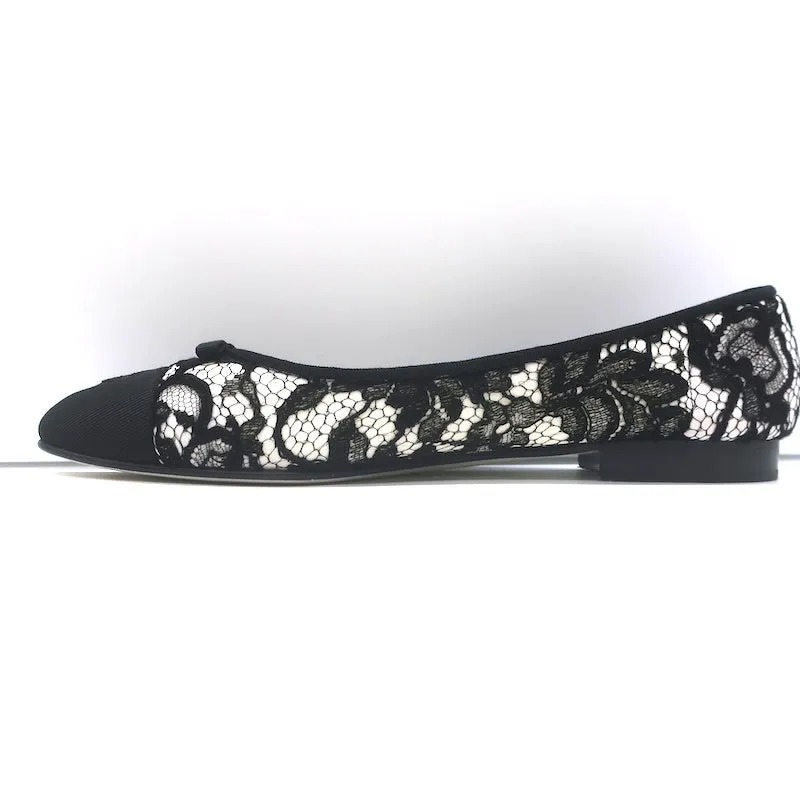 Chanel CC Cap Toe Bow Ballet Flats Black/White Lace & Grosgrain Size 42