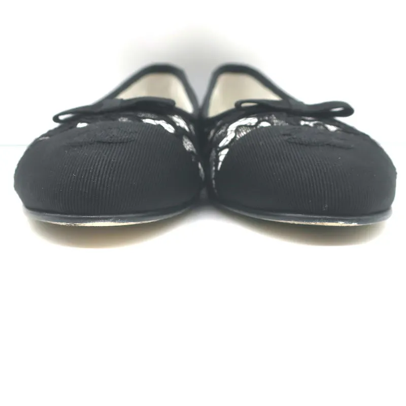 Chanel CC Cap Toe Bow Ballet Flats Black/White Lace & Grosgrain Size 42