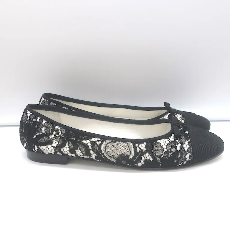 Chanel CC Cap Toe Bow Ballet Flats Black/White Lace & Grosgrain Size 42