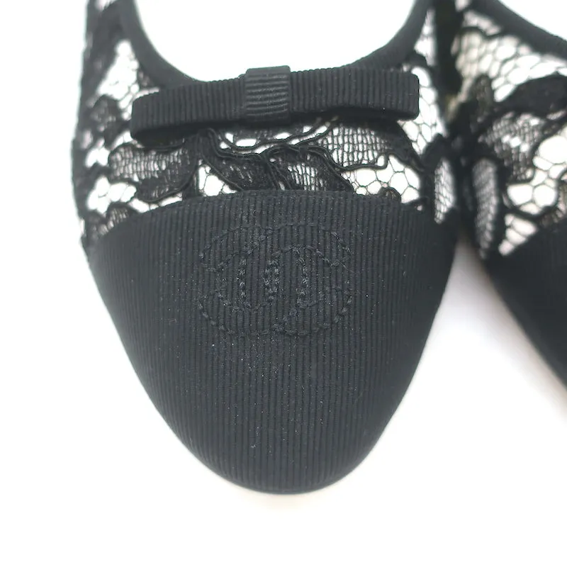 Chanel CC Cap Toe Bow Ballet Flats Black/White Lace & Grosgrain Size 42