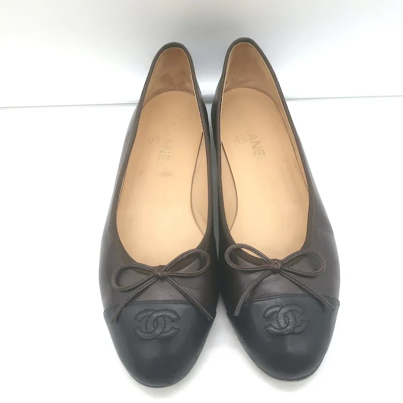 Chanel CC Cap Toe Bow Ballet Flats Dark Brown/Black Lambskin Leather Size 42