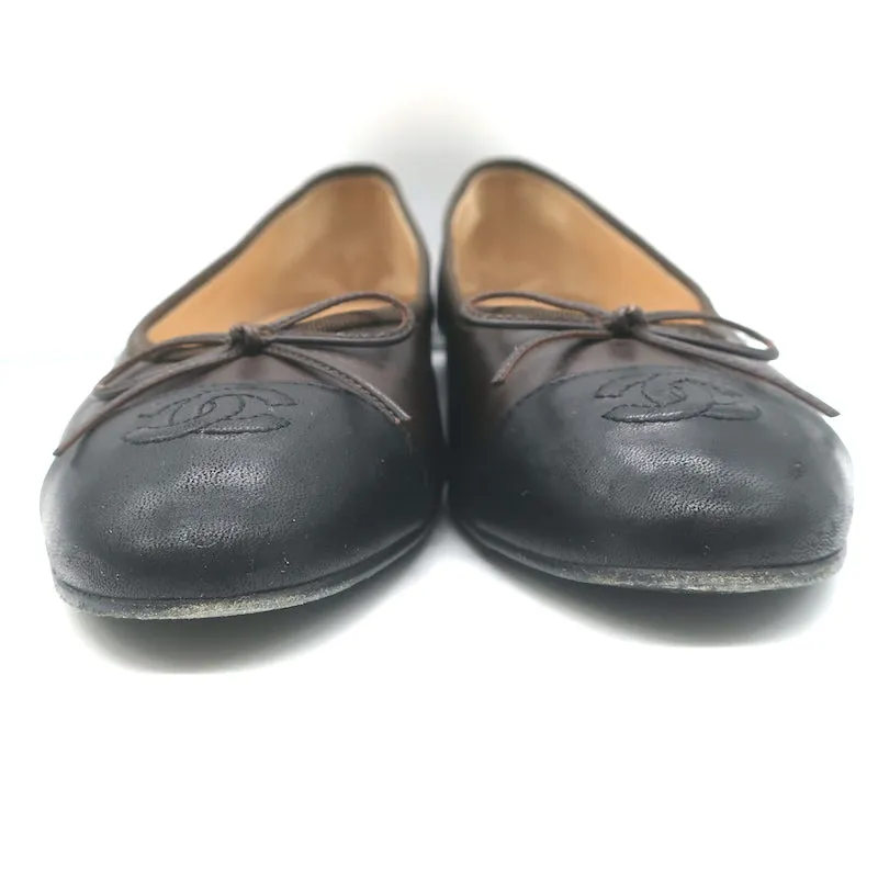 Chanel CC Cap Toe Bow Ballet Flats Dark Brown/Black Lambskin Leather Size 42