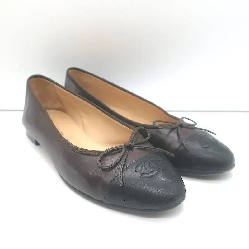Chanel CC Cap Toe Bow Ballet Flats Dark Brown/Black Lambskin Leather Size 42