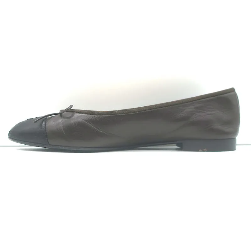 Chanel CC Cap Toe Bow Ballet Flats Dark Brown/Black Lambskin Leather Size 42