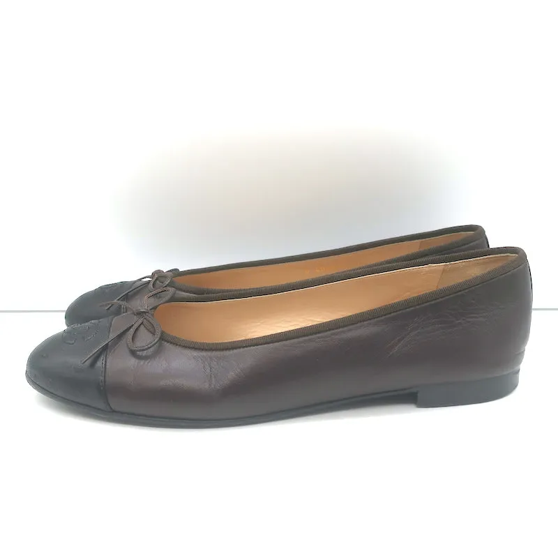 Chanel CC Cap Toe Bow Ballet Flats Dark Brown/Black Lambskin Leather Size 42