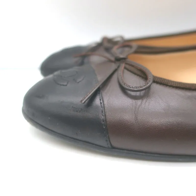 Chanel CC Cap Toe Bow Ballet Flats Dark Brown/Black Lambskin Leather Size 42