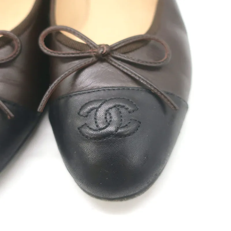 Chanel CC Cap Toe Bow Ballet Flats Dark Brown/Black Lambskin Leather Size 42