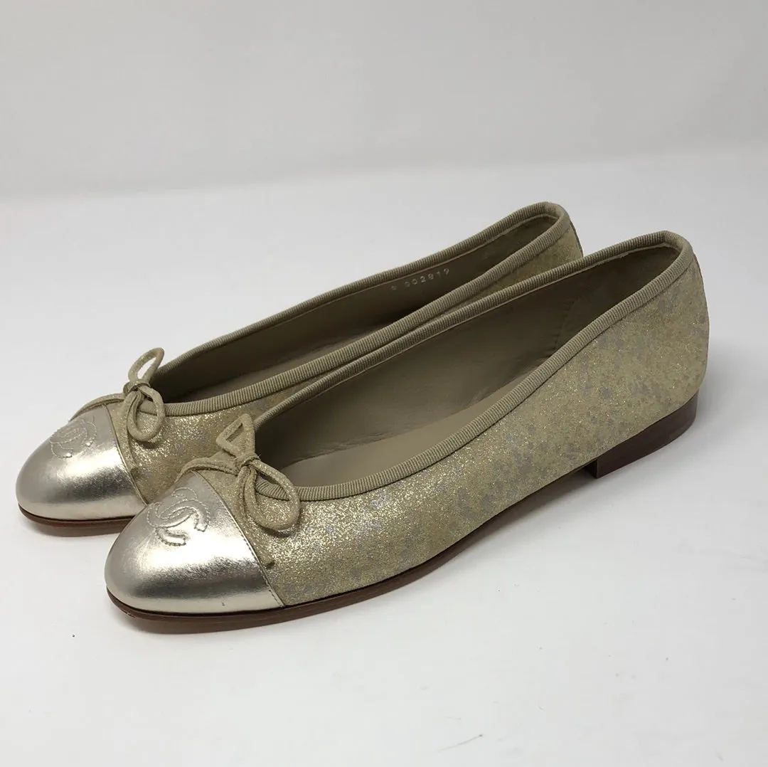 Chanel Gold Distressed Leather Ballenrina Flat with CC toe Detail and Bow