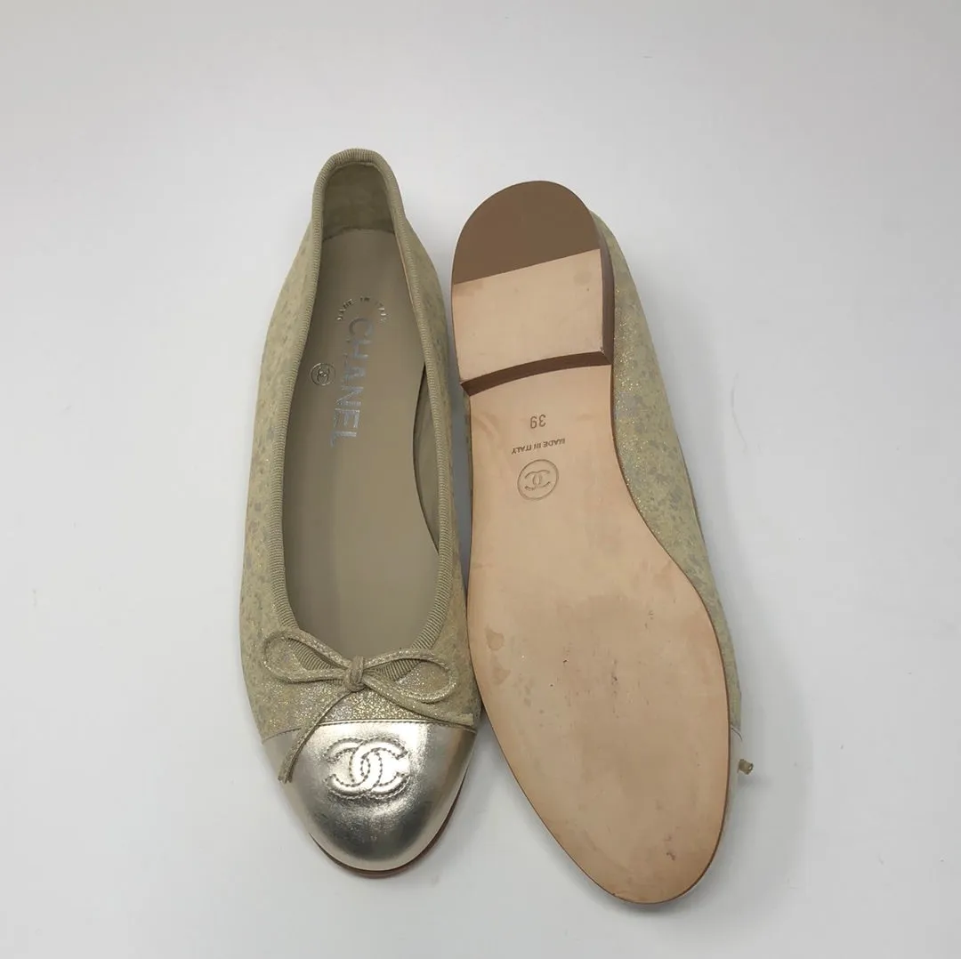 Chanel Gold Distressed Leather Ballenrina Flat with CC toe Detail and Bow