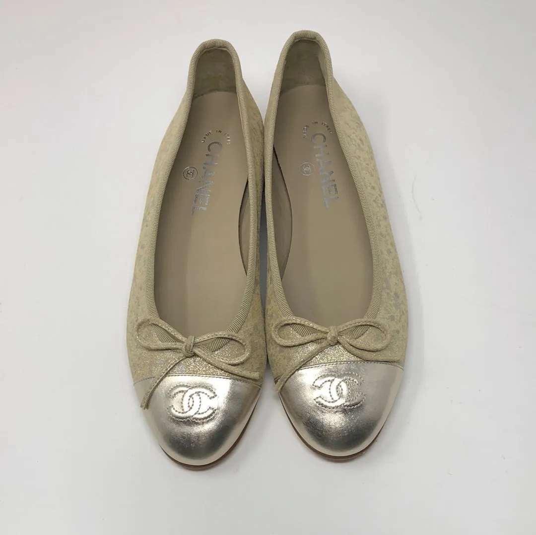 Chanel Gold Distressed Leather Ballenrina Flat with CC toe Detail and Bow