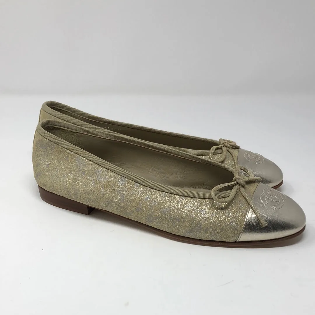 Chanel Gold Distressed Leather Ballenrina Flat with CC toe Detail and Bow