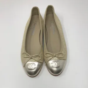 Chanel Gold Distressed Leather Ballenrina Flat with CC toe Detail and Bow
