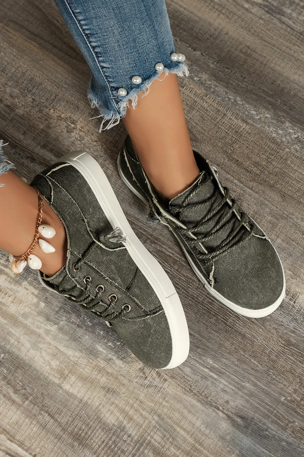 Dark Grey Criss Cross Slip On Canvas Flats