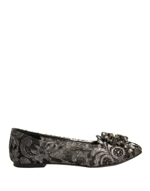 Dolce&Gabbana Women Silver Ballet Flats Nylon Crystal Floral Moccasins Sz EUR 37