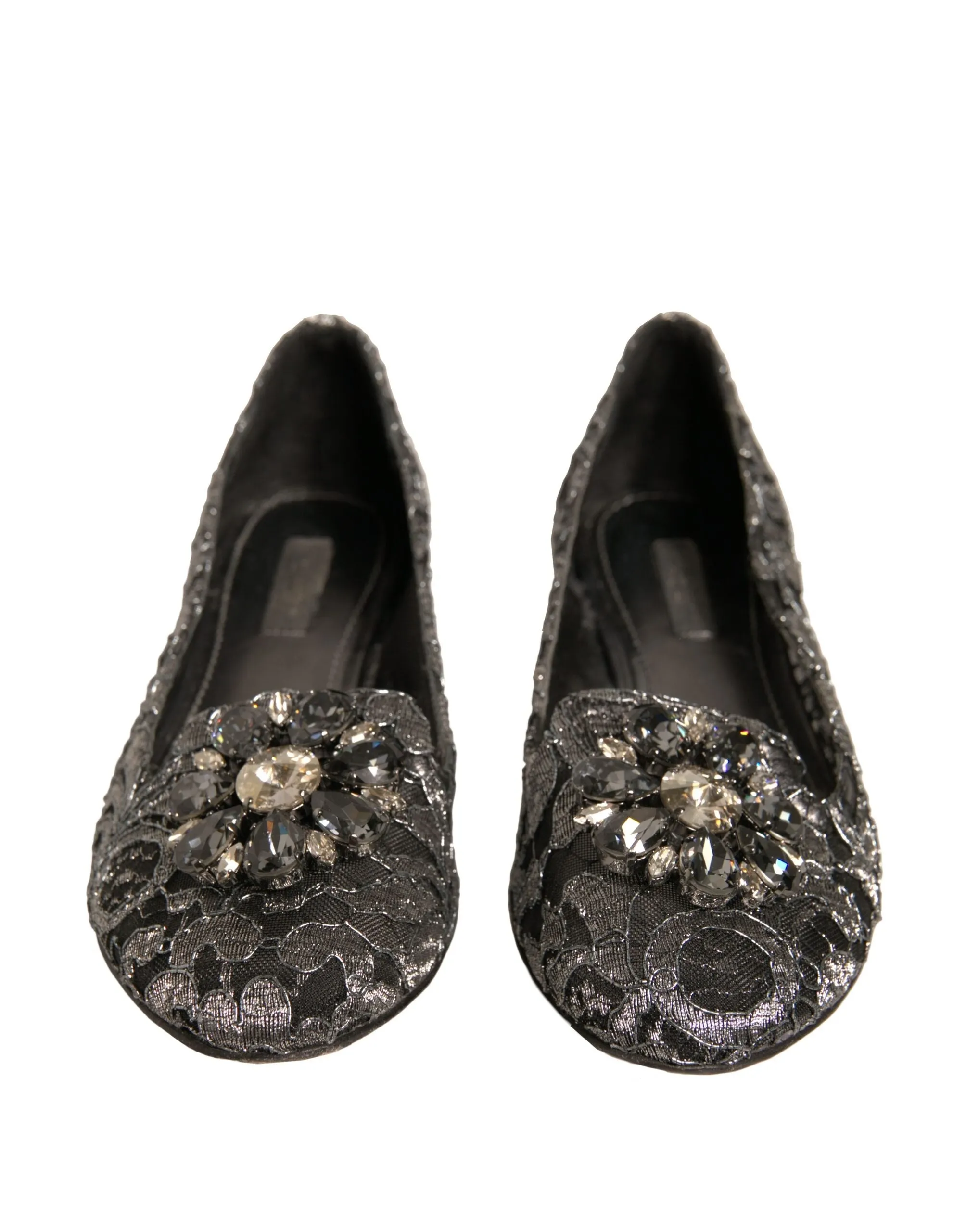 Dolce&Gabbana Women Silver Ballet Flats Nylon Crystal Floral Moccasins Sz EUR 37